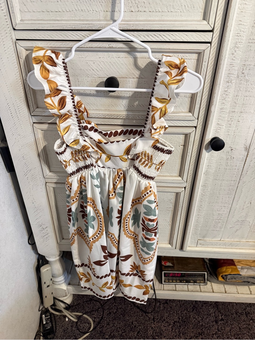 Smocked Ruffle Strap Sundress in Cream with Mustard & Teal Print